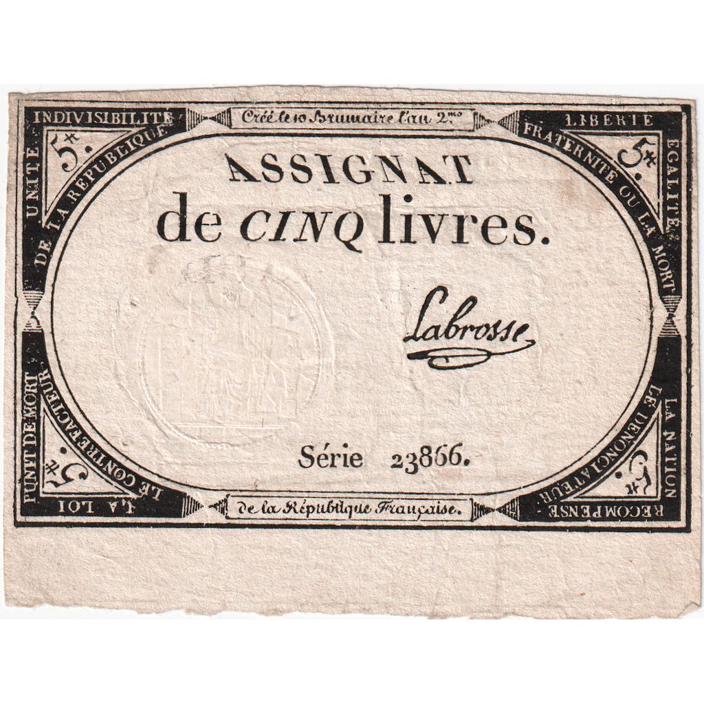 France, 5 Livres, 10 brumaire de l'an 2 - (31 octobre 1793), 23866, AU(50-53)
