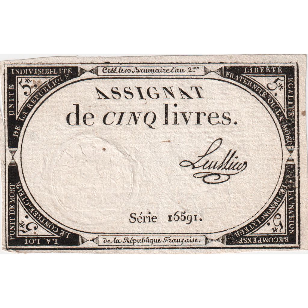 France, 5 Livres, 10 brumaire de l'an 2 - (31 octobre 1793), 16591, AU(50-53)