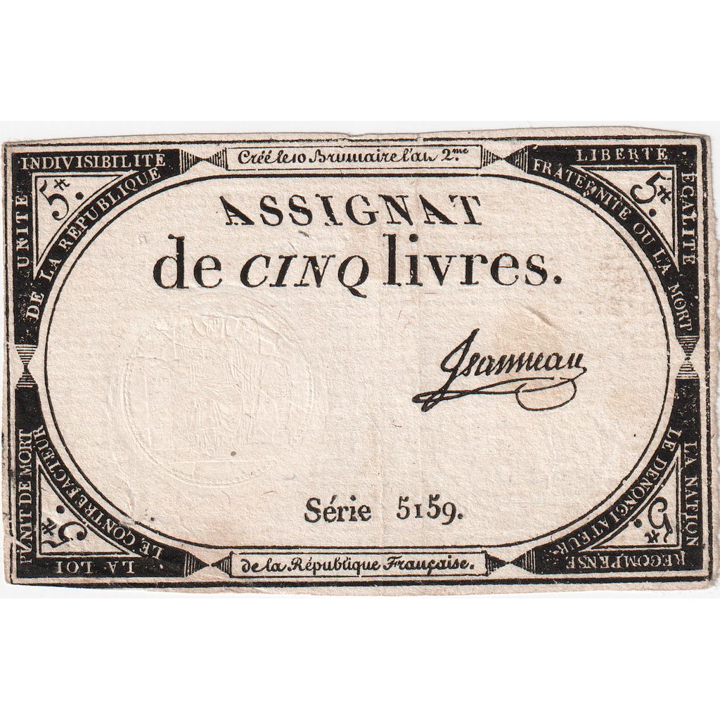 France, 5 Livres, 10 brumaire de l'an 2 - (31 octobre 1793), 5159, AU(50-53)