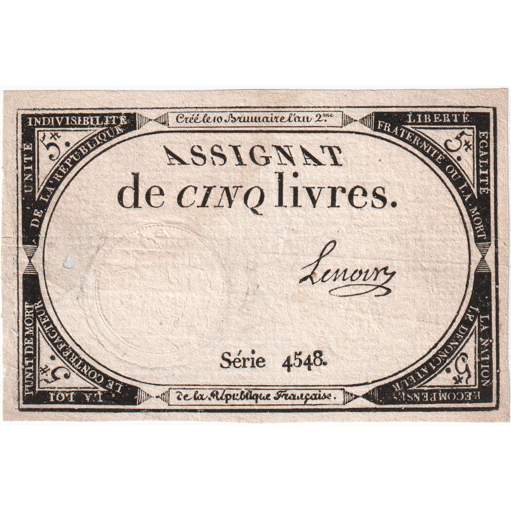 França, 5 Livres, 10 brumaire de l'an 2 - (31 octobre 1793), 4548, AU(50-53)