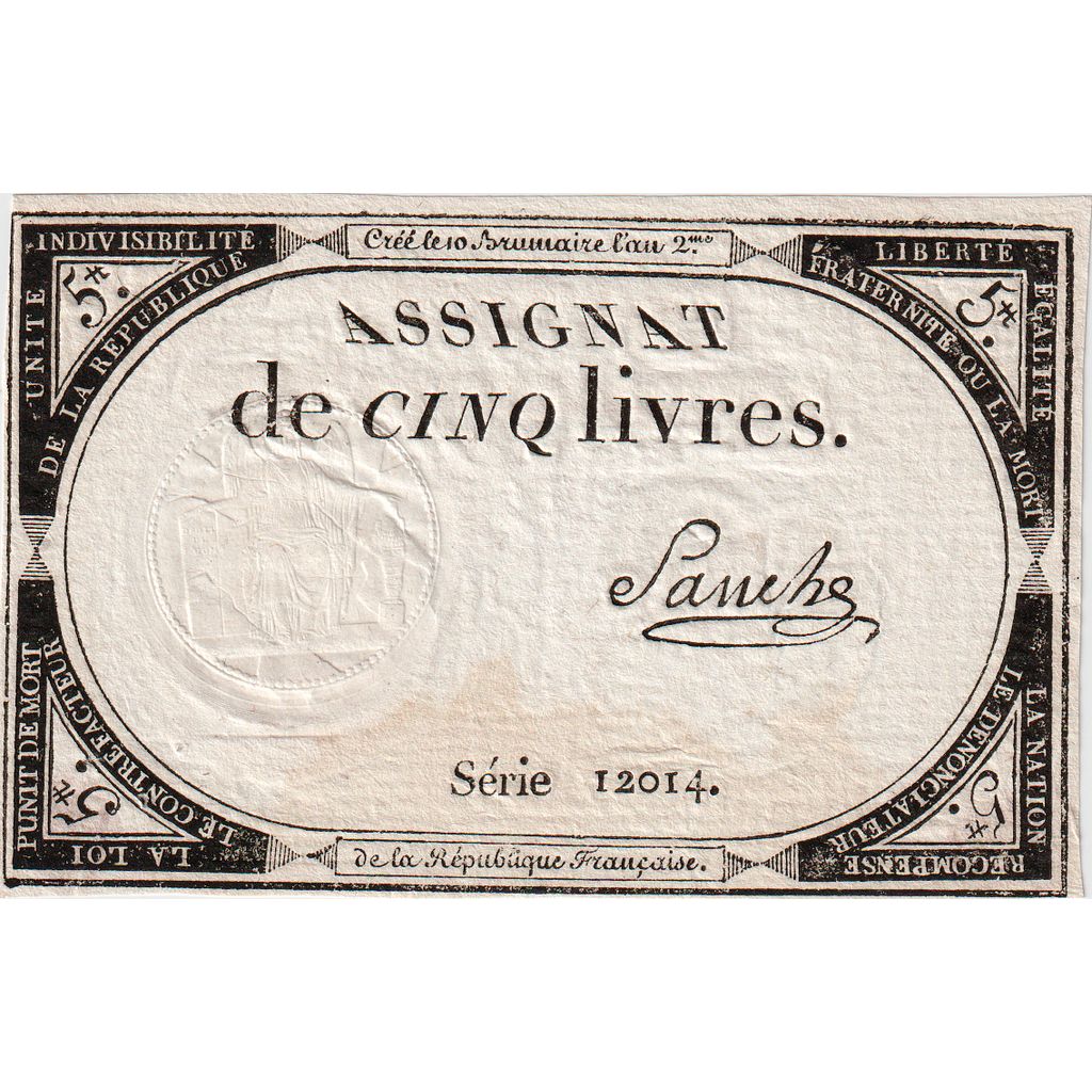 France, 5 Livres, 10 brumaire de l'an 2 - (31 octobre 1793), 12014, AU(50-53)