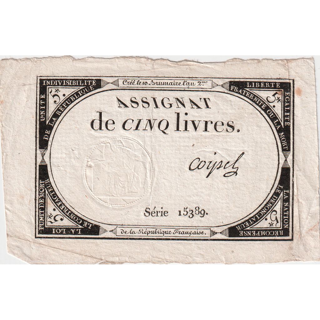 France, 5 Livres, 10 brumaire de l'an 2 - (31 octobre 1793), 15389, AU(50-53)