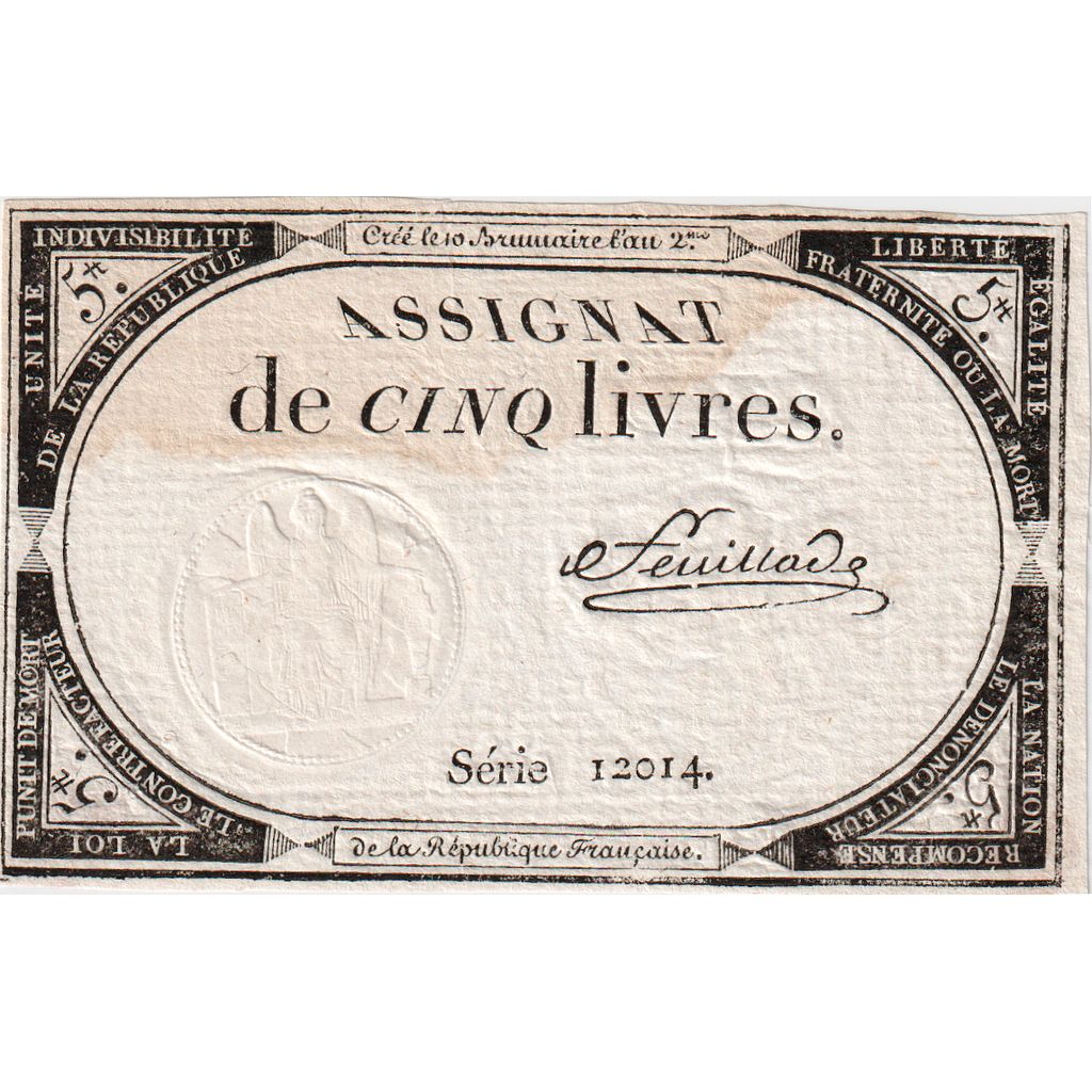 França, 5 Livres, 10 brumaire de l'an 2 - (31 octobre 1793), 12014, AU(55-58)