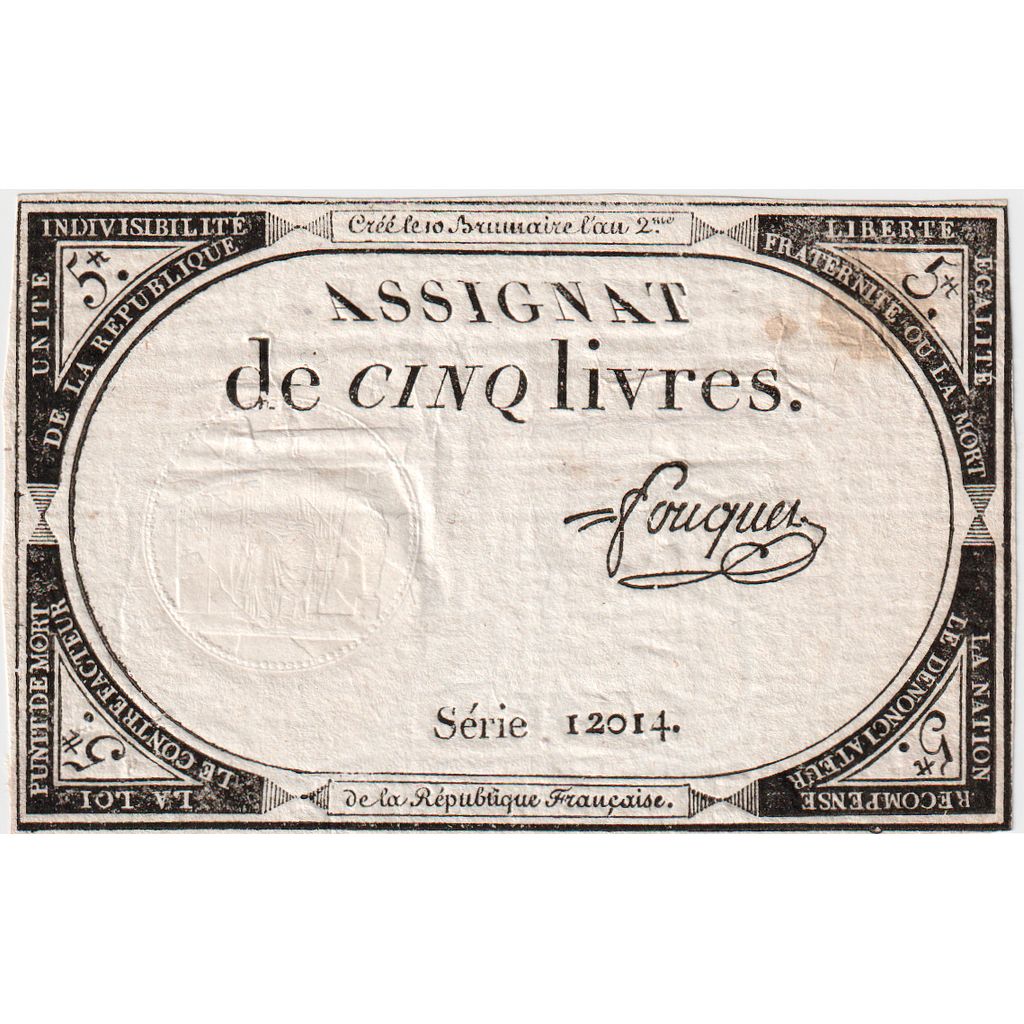 France, 5 Livres, 10 brumaire de l'an 2 - (31 octobre 1793), 12014, AU(55-58)