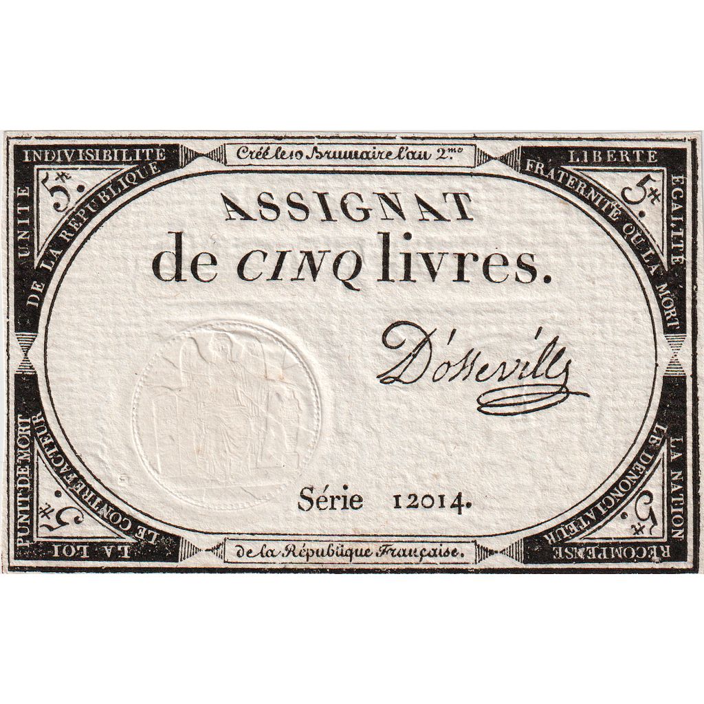 França, 5 Livres, 10 brumaire de l'an 2 - (31 octobre 1793), 12014, AU(55-58)