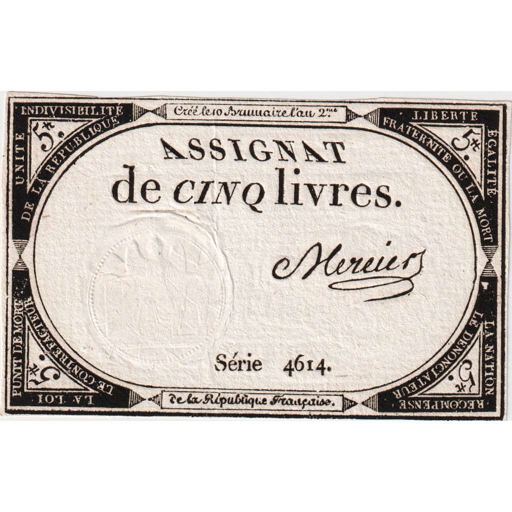 France, 5 Livres, 10 brumaire de l'an 2 - (31 octobre 1793), 4614, AU(55-58)