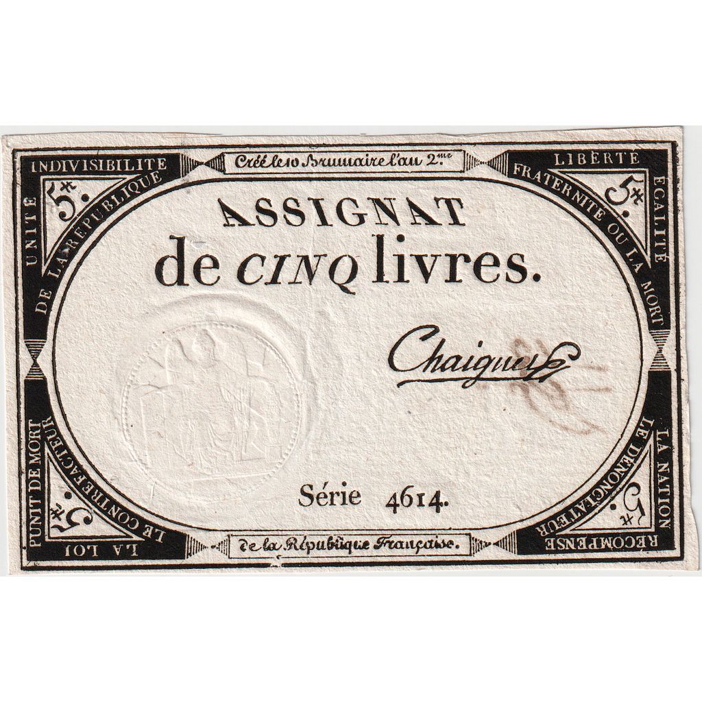 Frankrijk, 5 Livres, 10 brumaire de l'an 2 - (31 octobre 1793), 4614, SUP