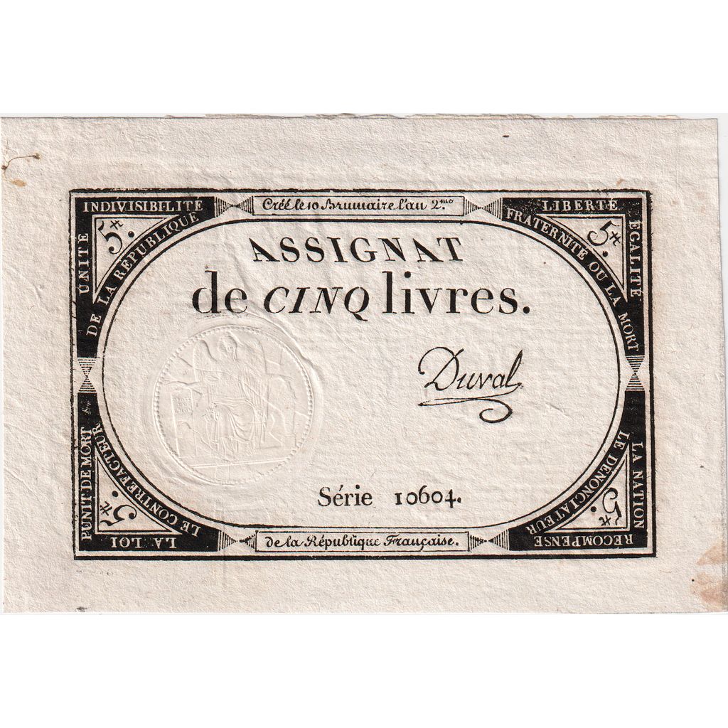 Frankreich, 5 Livres, 10 brumaire de l'an 2 - (31 octobre 1793), 10604, VZ
