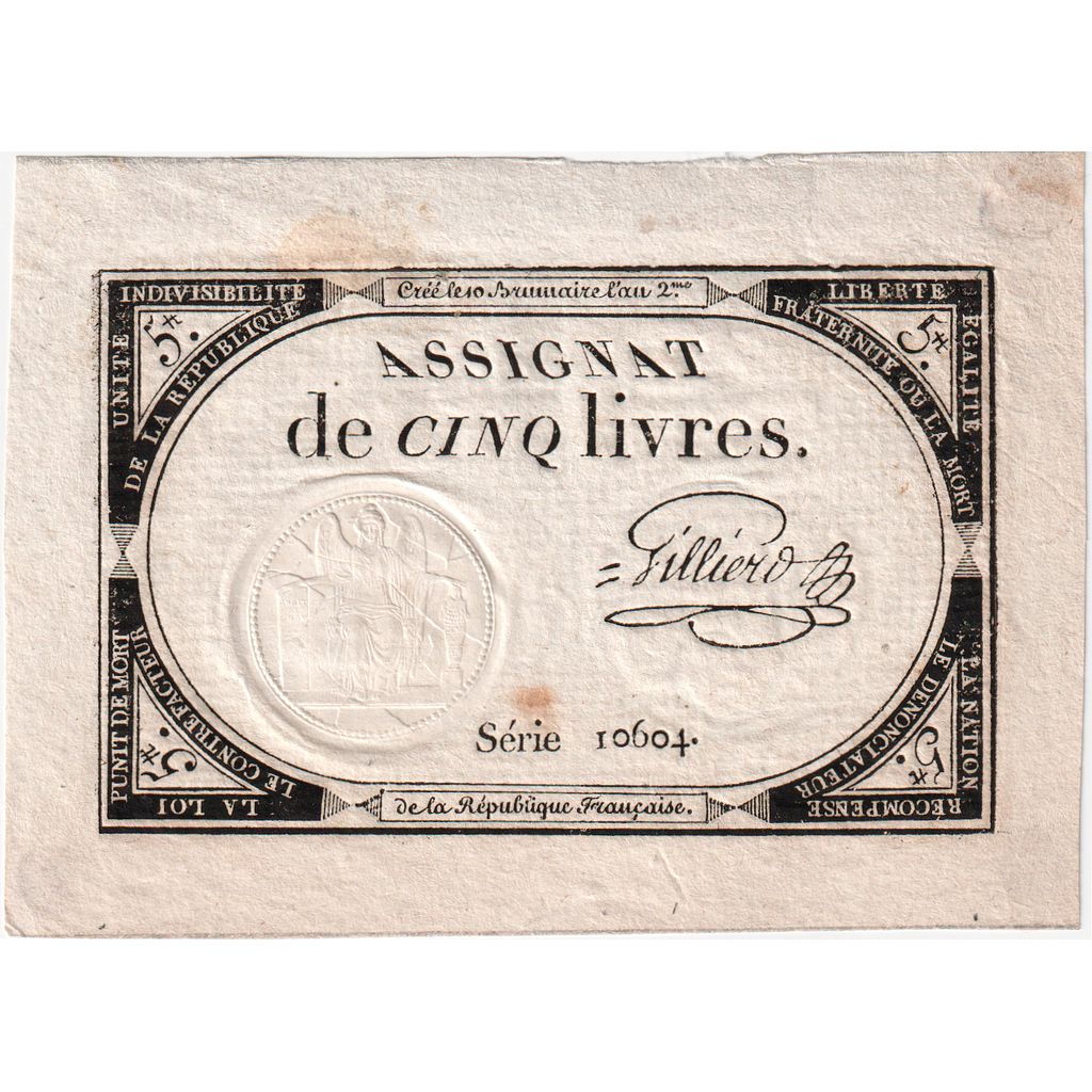 Frankrijk, 5 Livres, 10 brumaire de l'an 2 - (31 octobre 1793), 10604, SUP