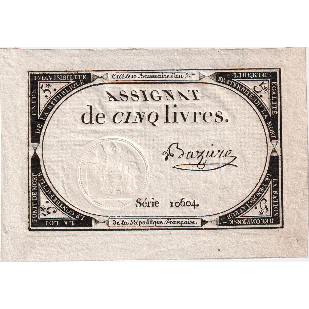 France, 5 Livres, 10 brumaire de l'an 2 - (31 octobre 1793), 10604, AU(55-58)