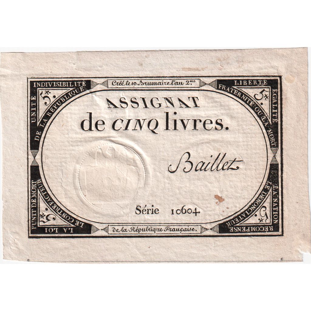 France, 5 Livres, 10 brumaire de l'an 2 - (31 octobre 1793), 10604, AU(55-58)