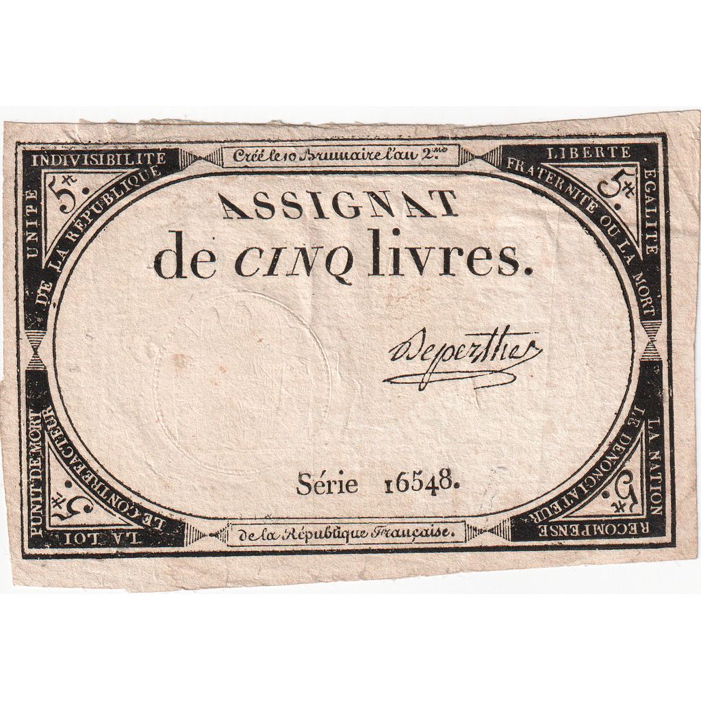 France, 5 Livres, 10 brumaire de l'an 2 - (31 octobre 1793), 16548, AU(55-58)