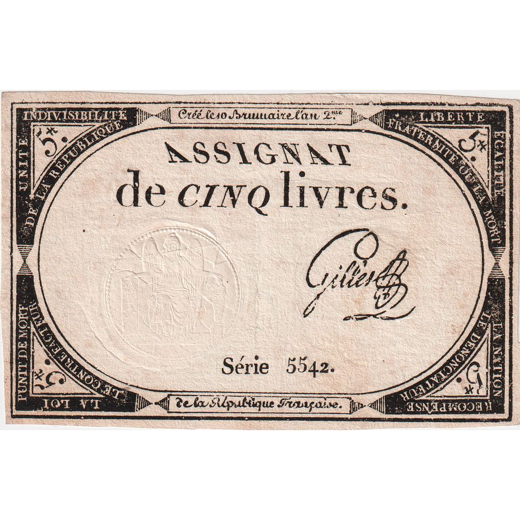 France, 5 Livres, 10 brumaire de l'an 2 - (31 octobre 1793), 5542, AU(55-58)
