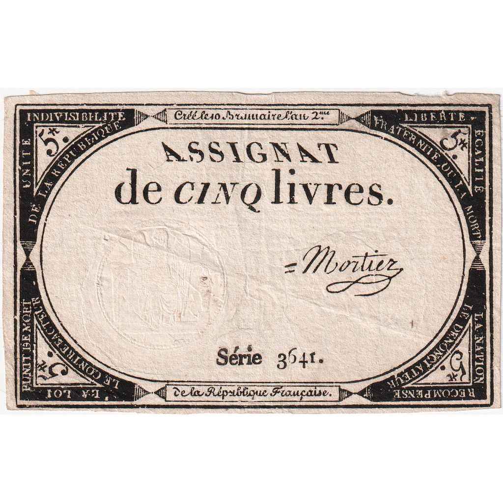 France, 5 Livres, 10 brumaire de l'an 2 - (31 octobre 1793), 3641, AU(55-58)