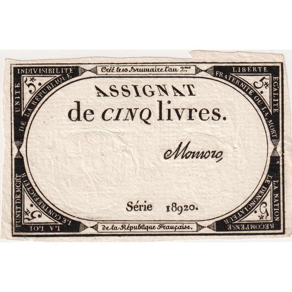France, 5 Livres, 10 brumaire de l'an 2 - (31 octobre 1793), 18920, AU(55-58)
