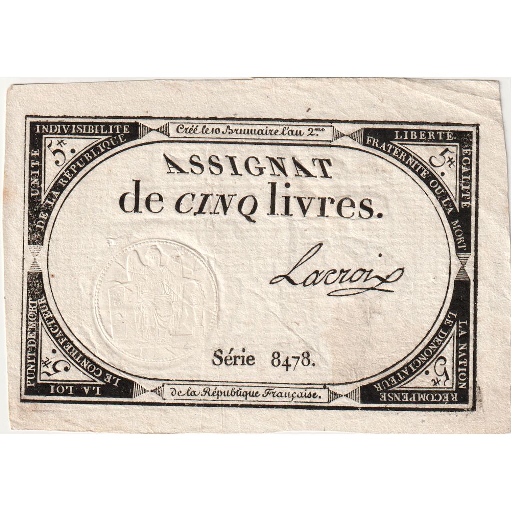 France, 5 Livres, 10 brumaire de l'an 2 - (31 octobre 1793), 8478, AU(55-58)