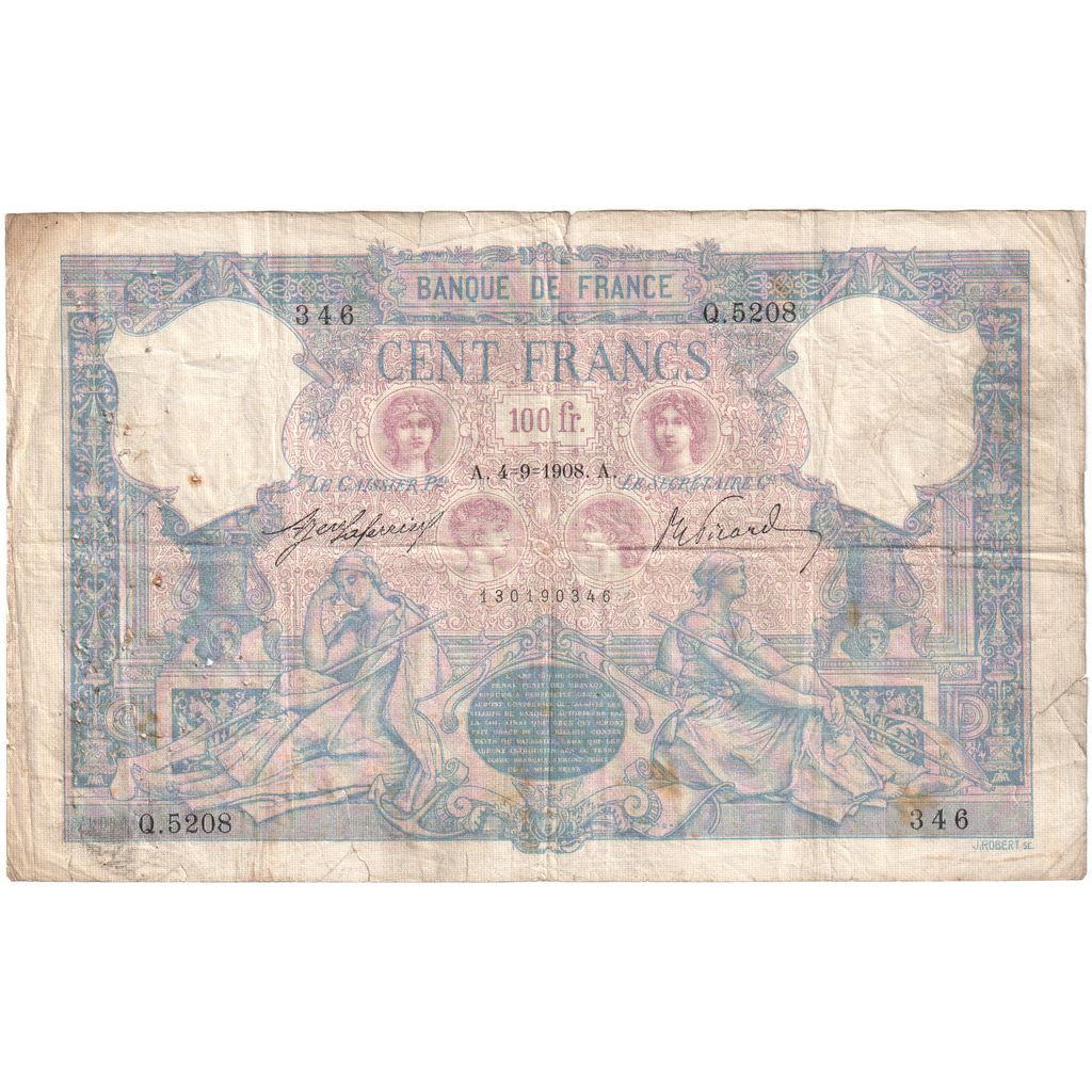 Francia, 100 Francs, Bleu et Rose, 1908-09-04, Q.5208, BC
