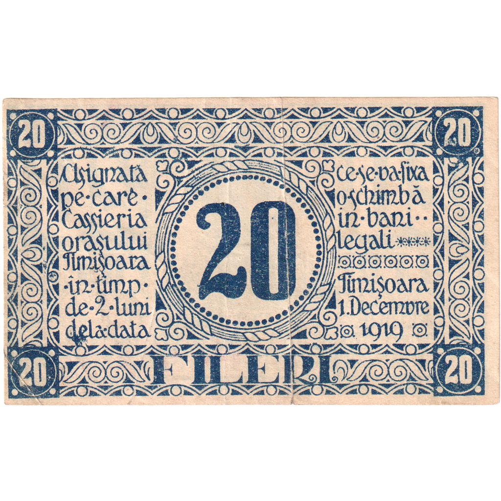 Romania, Timișoara, 20 Fileri, 1919-12-01, EF(40-45)
