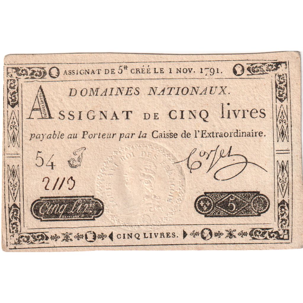 Francia, 5 Livres, 1791-11-01, 54J, BB