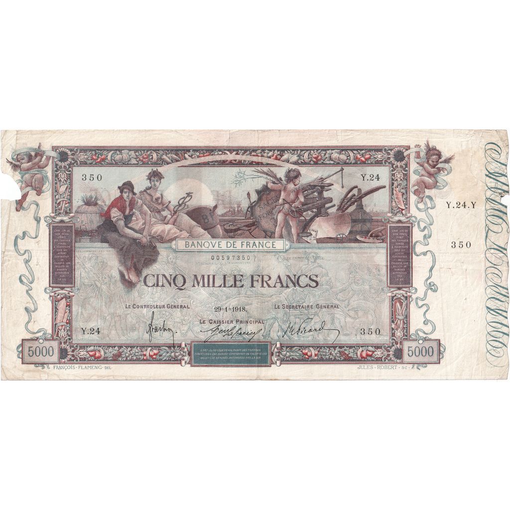 Frankrijk, 5000 Francs, Flameng, 1918-01-29, Y.24, B+