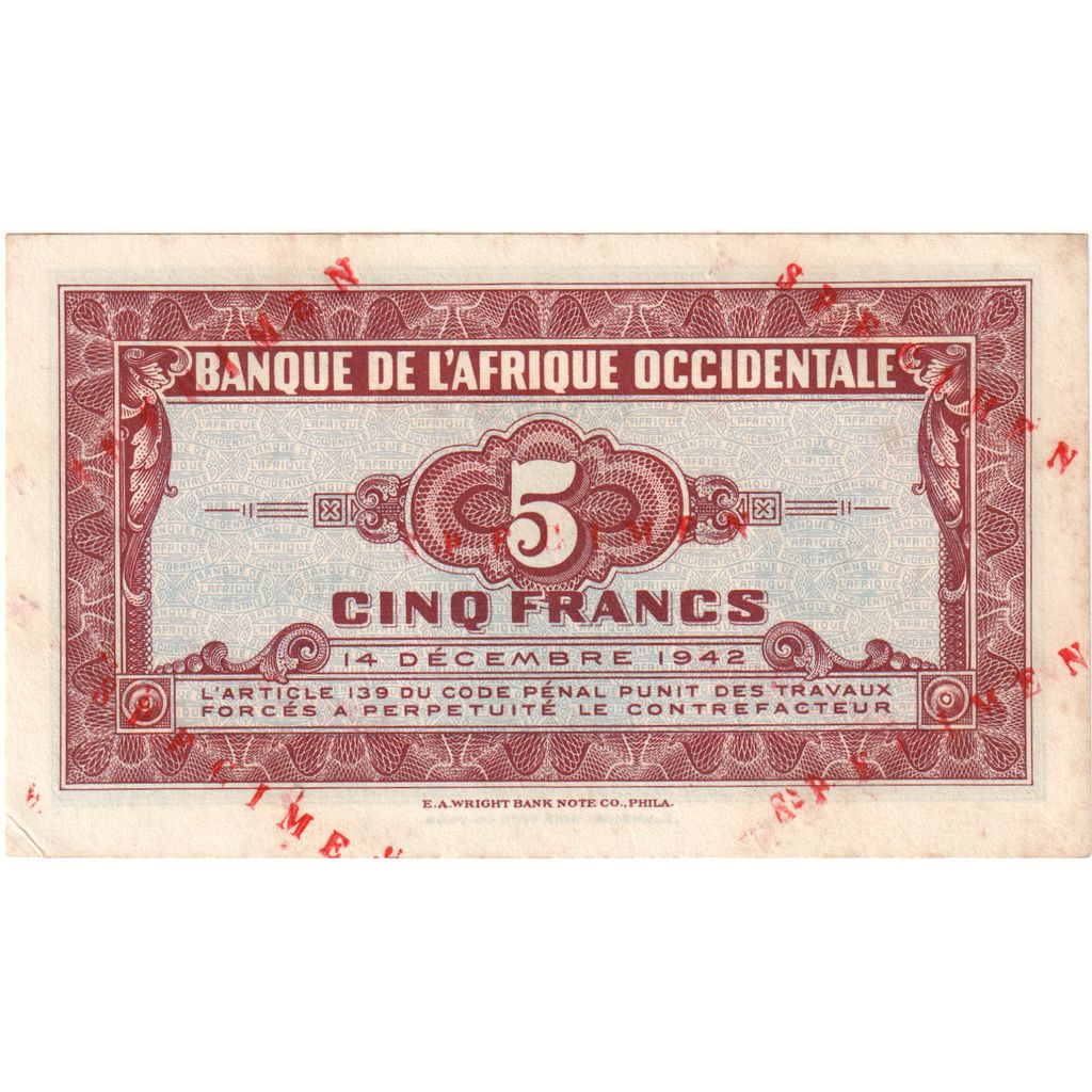 French West Africa, 5 Francs, 1942-12-14, Specimen, UNC(63)