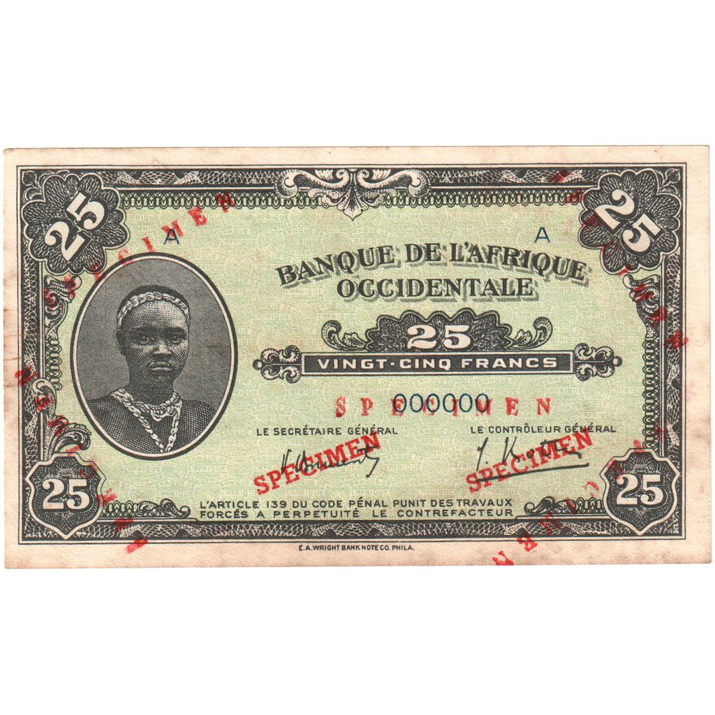 Afrique-Occidentale française, 25 Francs, 1942-12-14, Specimen, SUP+