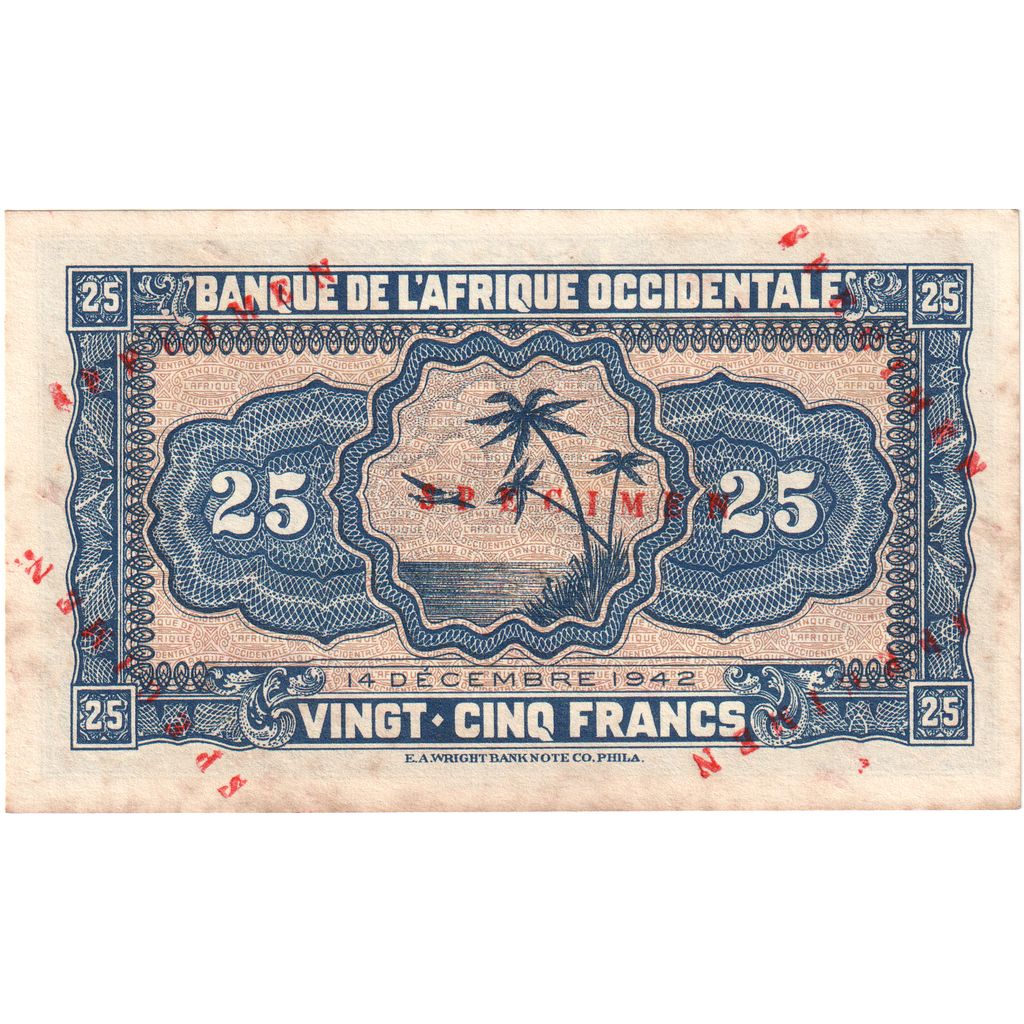 Afrique-Occidentale française, 25 Francs, 1942-12-14, Specimen, SUP+