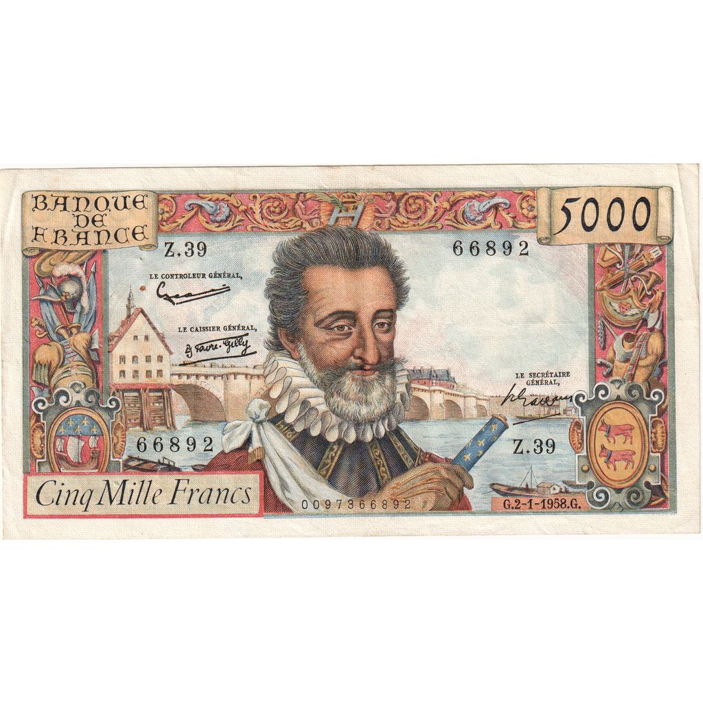 France, 5000 Francs, Henri IV, 1958-01-02, Z.39, EF(40-45)