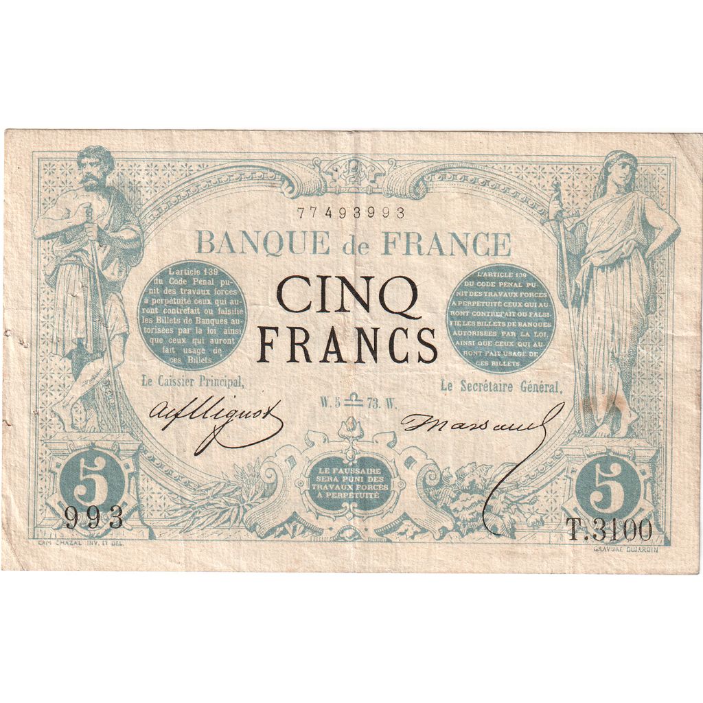 France, 5 Francs, Noir, 1873-09-05, T.3100, VF(30-35)