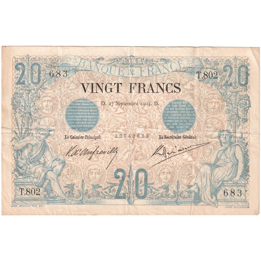 France, 20 Francs, Noir, 1904-09-27, T.802, EF(40-45)