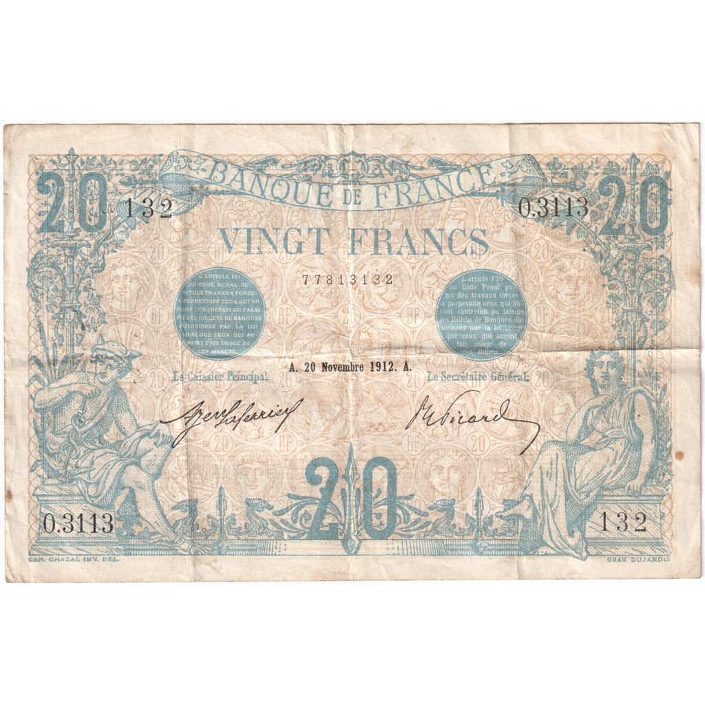 France, 20 Francs, Bleu, 1912-11-20, O.3113, EF(40-45)