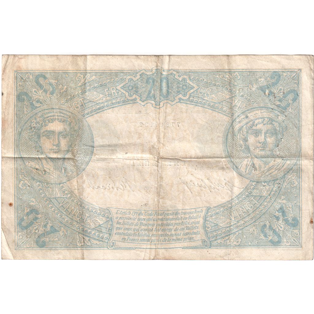 France, 20 Francs, Bleu, 1912-11-20, O.3113, EF(40-45)