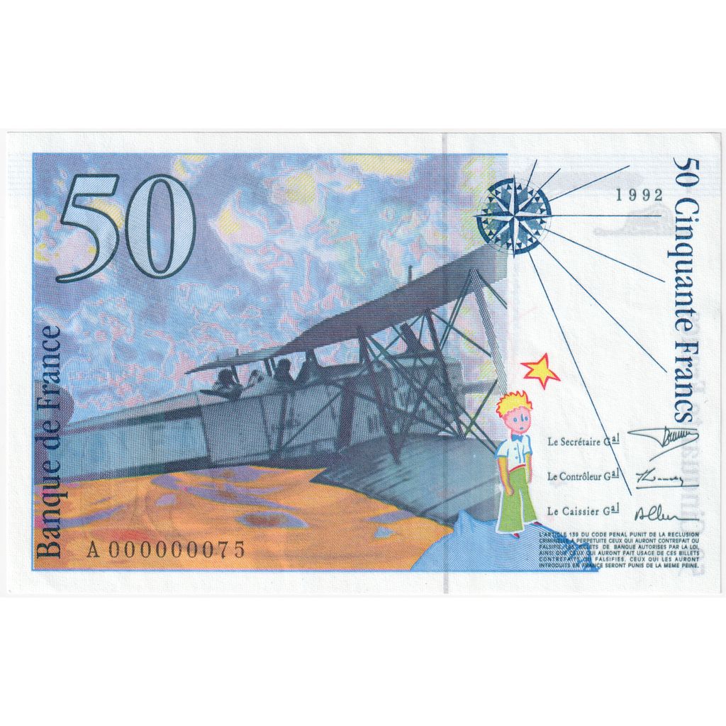France, 50 Francs, St Exupéry, 1992, A, Pedigree, AU(55-58)