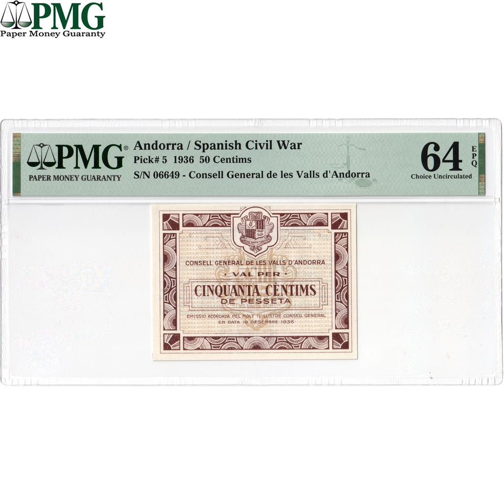 Andorra, 50 Centims, 1936-12-19, UNC 64 EPQ, PMG