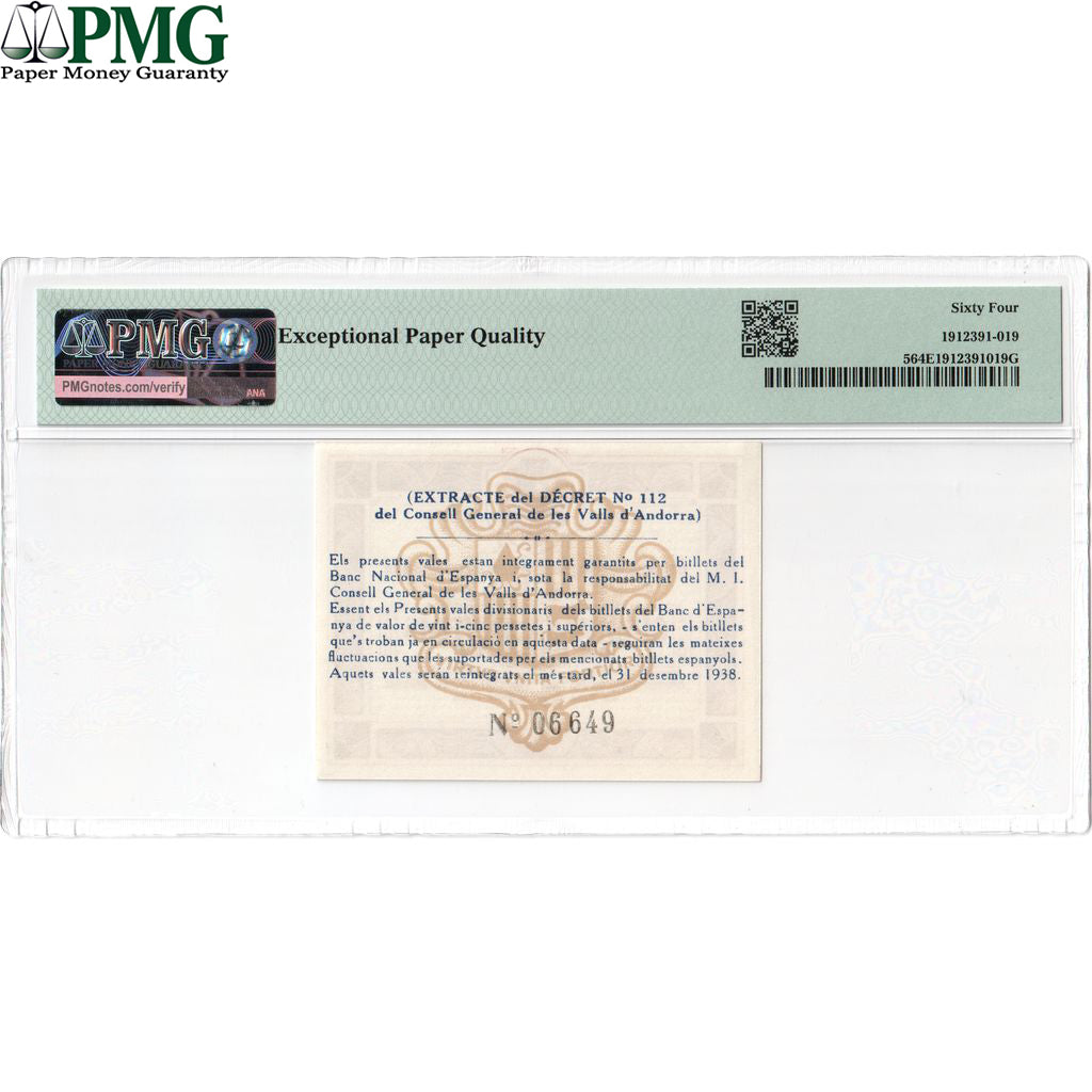 Andorra, 50 Centims, 1936-12-19, UNC 64 EPQ, PMG