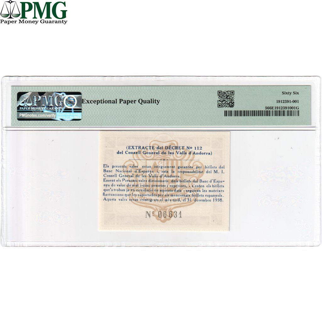 Andorra, 50 Centims, 1936-12-19, UNC 66 EPQ, PMG