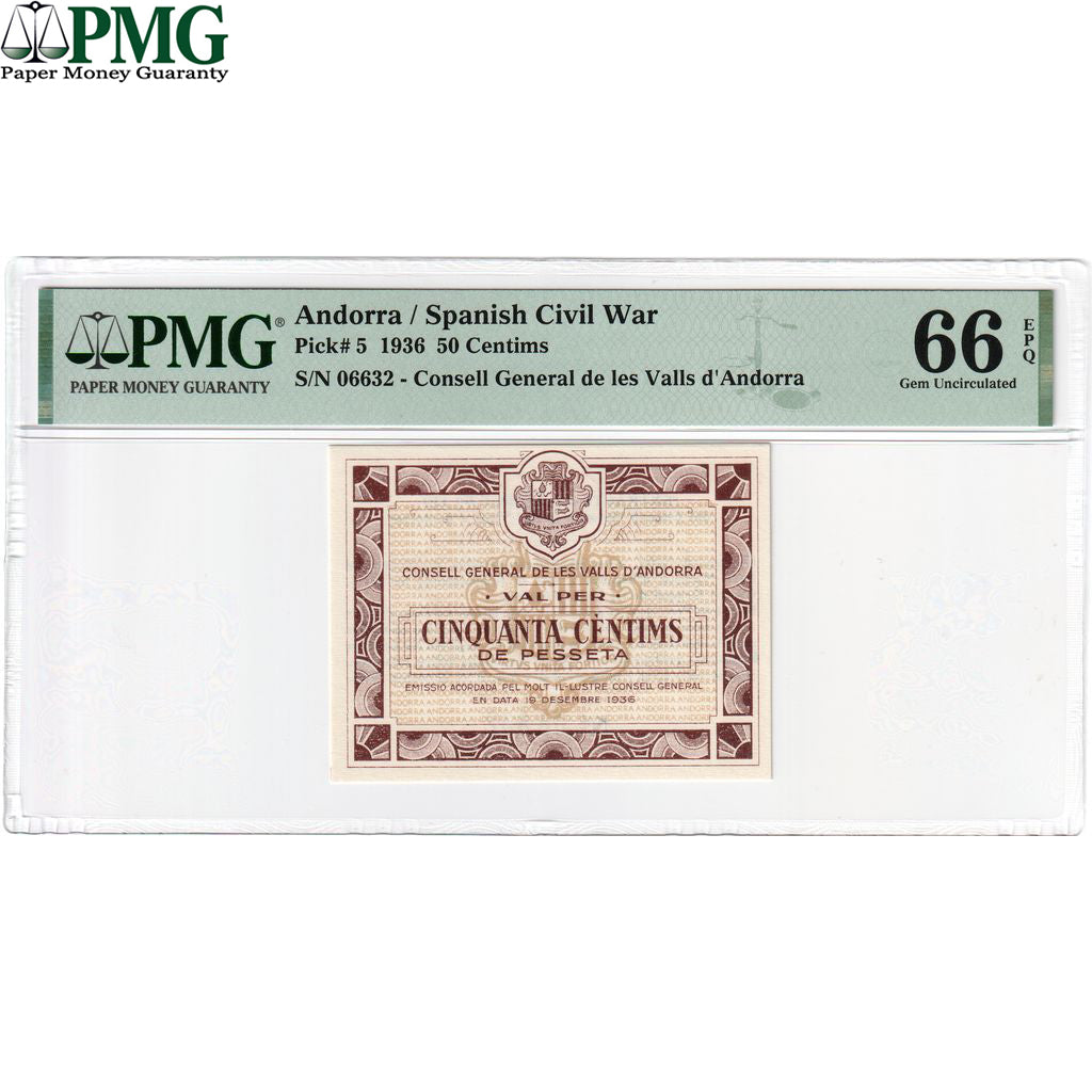 Andorra, 50 Centims, 1936-12-19, UNC 66 EPQ, PMG