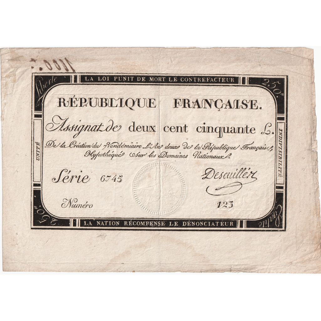 France, 250 Livres, 1793-09-28, 6745, VF(30-35)