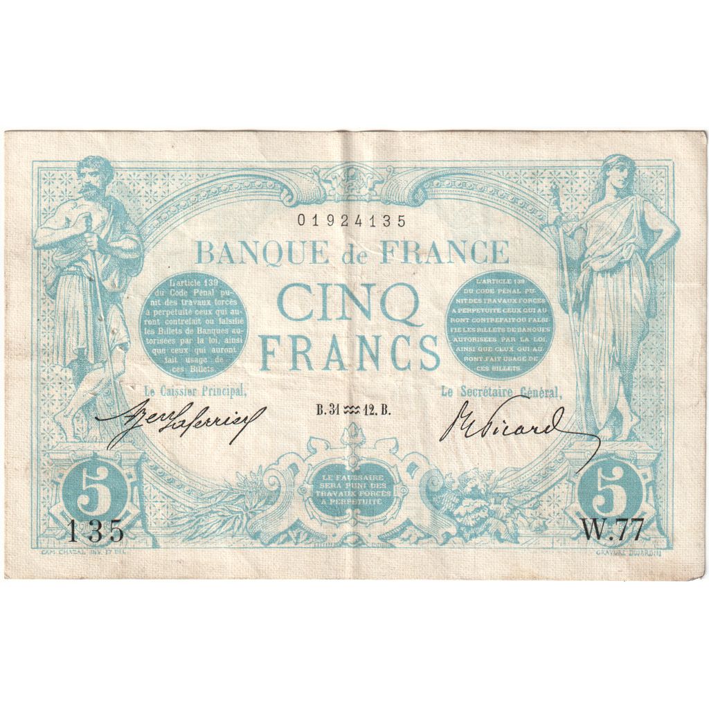 Francia, 5 Francs, Bleu, 1912-01-31, W.77, MBC