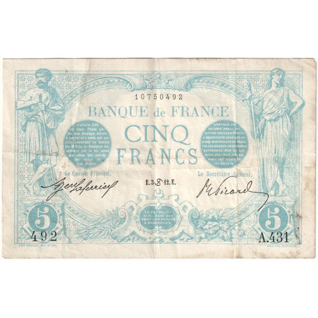Francja, 5 Francs, Bleu, 1912-06-03, A.431, VF(30-35)