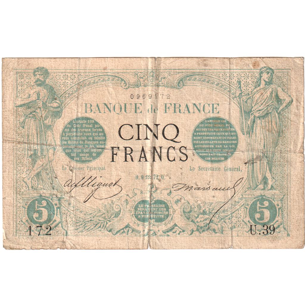 France, 5 Francs, Noir, January 1872, U.39, F(12-15)
