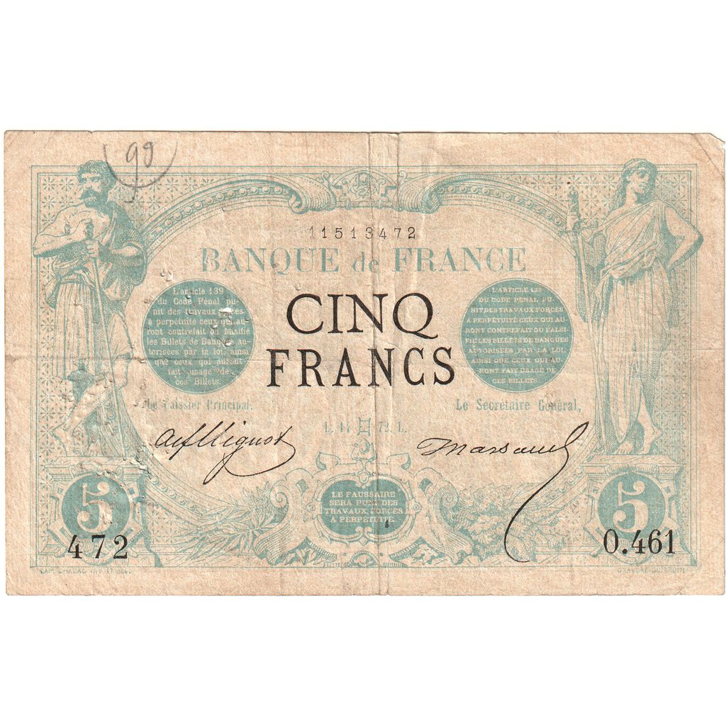 Francia, 5 Francs, Noir, 1872-05-14, O.461, MB