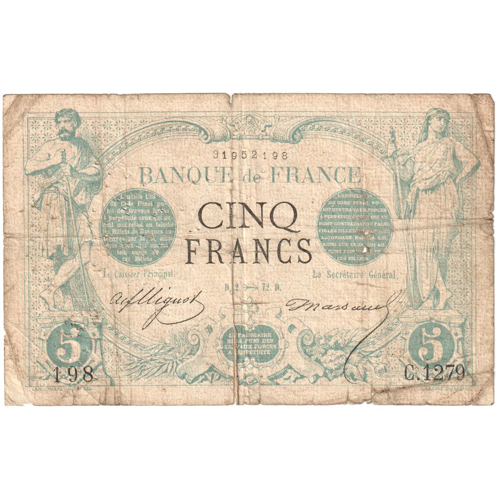 France, 5 Francs, Noir, 1872-11-02, C.1279, F(12-15)