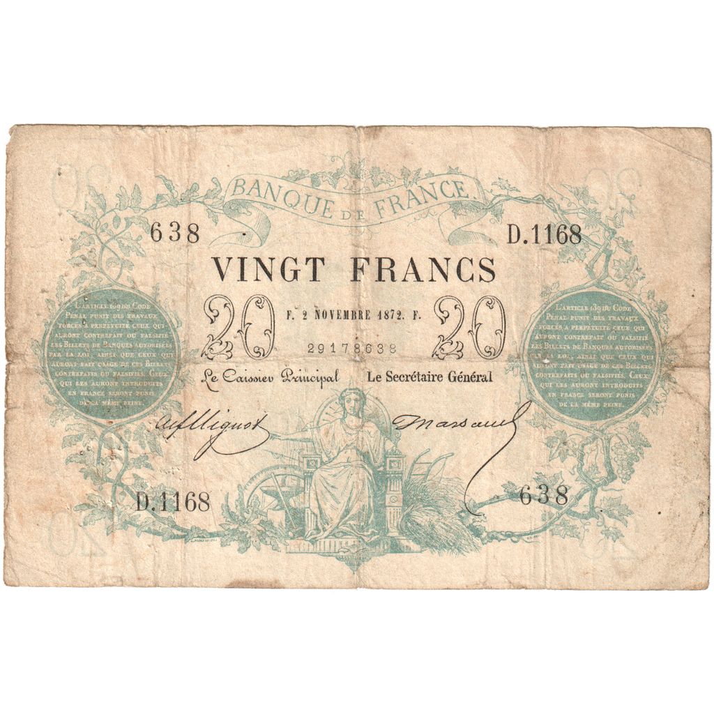 Frankreich, 20 Francs, Bleu, 1872-11-02, D.1168, S