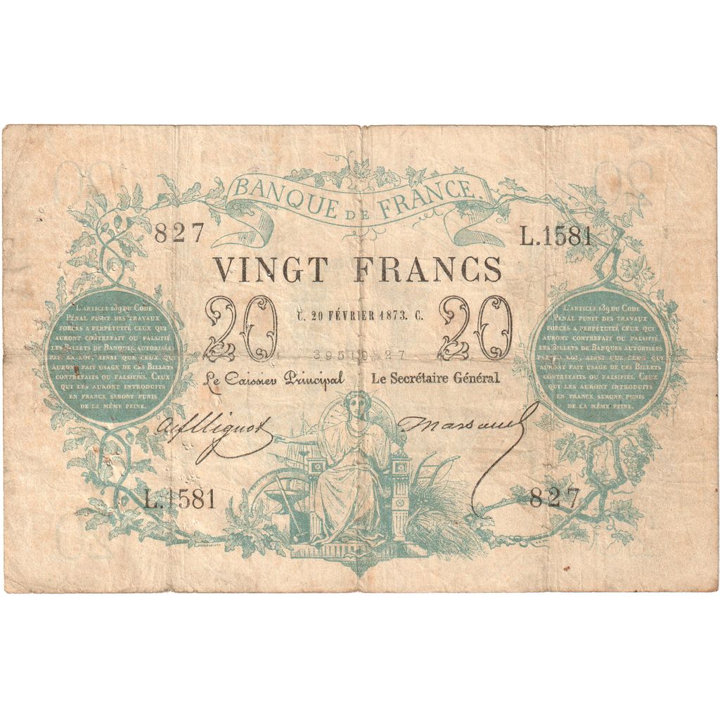 Francia, 20 Francs, Bleu, 1873-02-20, L.1581, MB