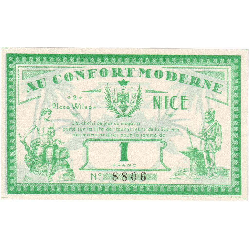 Francja, 1 Franc, ND(1930-1940), Au Confort moderne, Nice, AU(55-58)