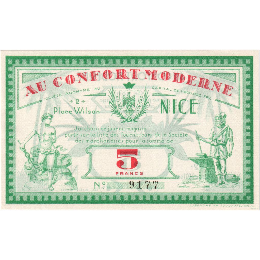 Francia, 5 Francs, ND(1930-1940), Au Confort moderne, Nice, SPL-