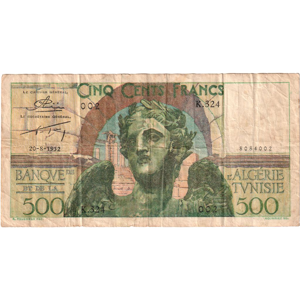 Tunisia, 500 Francs, 1952-08-20, VF(20-25)