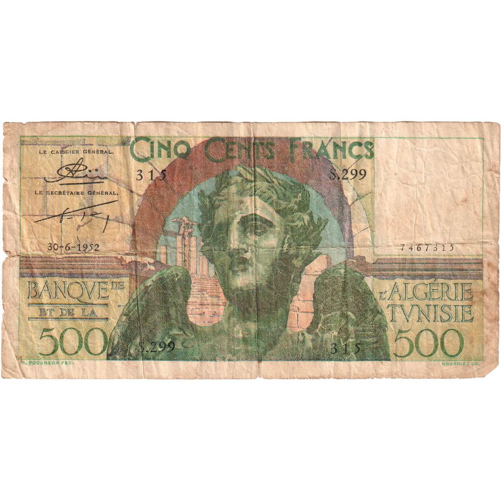Tunisia, 500 Francs, 1952-06-30, B+