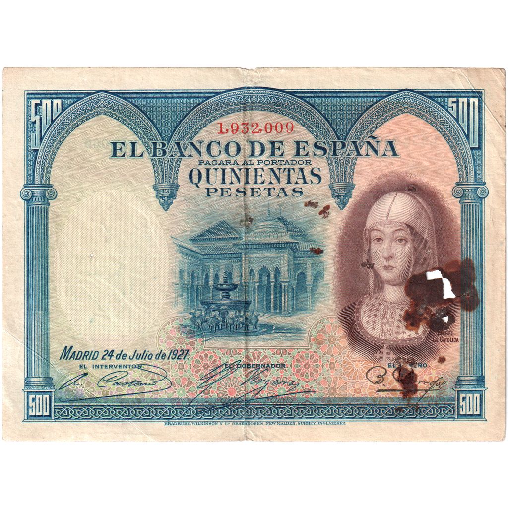 Hiszpania, 500 Pesetas, 1927-07-24, VF(20-25)